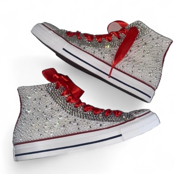 Siam Red Crystal Diamond & Pearls High Top Converse Sizes 5-14 New - Picture 1 of 14